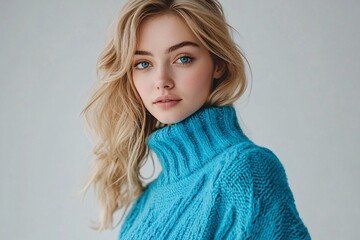 Wall Mural - A Ukrainian blonde model, early 30s, in a bright blue sweater, standing gracefully in a professional studio, sweater fully visible, arms along torso 2