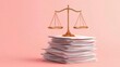 © Cosmic Edge - a justice scale sitting on a small stack of documents on a solid pastel pink background, adhering to rules law regulation policy, business legal compliance concept