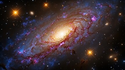 Wall Mural - Close-up of a spiral galaxy with bright center, showcasing colorful dust lanes and clusters of stars.