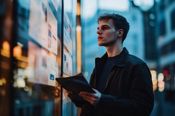 A young man with short hair in casual attire, attentively examining real estate ads on a glass window under soft evening light, urban setting 2