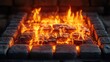 © Alla - Close-up of flickering flames casting warm light on rustic brick hearth