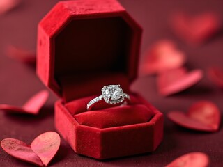 Aufkleber - The image shows a silver engagement ring in a red ring box with scattered red petals around it.
