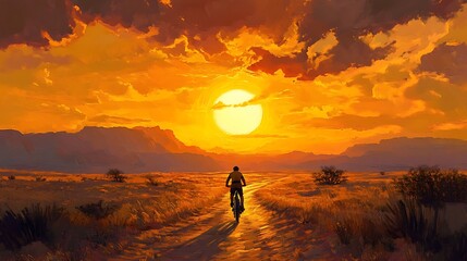 Wall Mural - Cyclist Riding Towards Sunset Over Distant Mountains