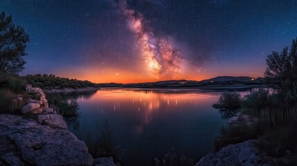 Wall Mural - Colorful starry night scene over a serene landscape, with a prominent Milky Way stretching across the sky.
