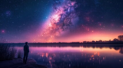 Wall Mural - Colorful starry night scene over a serene landscape, with a prominent Milky Way stretching across the sky.
