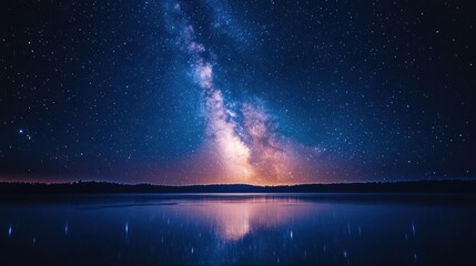 Wall Mural - Colorful starry night scene over a serene landscape, with a prominent Milky Way stretching across the sky.