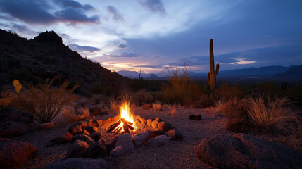 Wall Mural - Glowing campfire illuminating sandy desert landscape, saguaro cacti silhouetted against twilight sky and distant mountain range