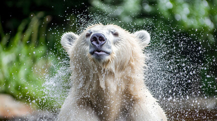 Wall Mural - polar bear shaking off water droplets after a refreshing swim, creating a dynamic splash effect