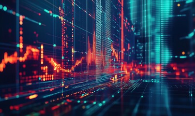 Poster - Digital data visualization, abstract representation of financial market trends, glowing lines, vibrant colors, futuristic technology