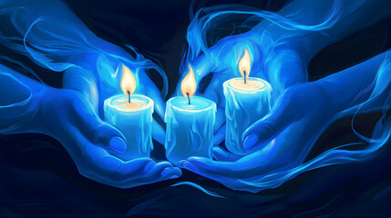 Poster - Glowing hands holding candles, symbolizing unity and hope in a captivating evening blue light setting  -