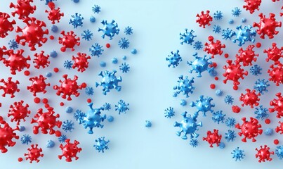 Poster - Virus particles illustration, red and blue colors, abstract representation of pathogens, scientific concept, healthcare, microbiology