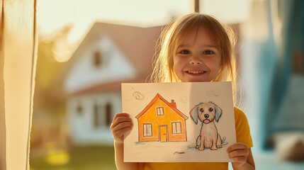 Young girl beaming with pride, holding colorful artwork depicting house and canine, bathed in golden sunlight