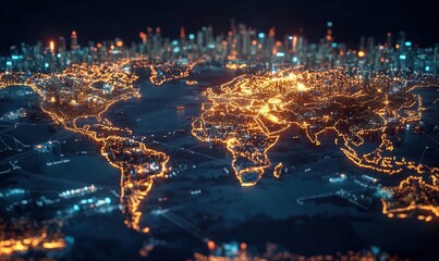 Poster - Illuminated world map with city lights, showcasing global connectivity and urban areas. Detailed representation of continents and cities at night.
