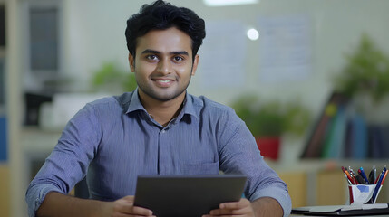 Wall Mural - Happy young Indian businessman employee manager using a tablet computer, looking at the camera at his office desk  -
