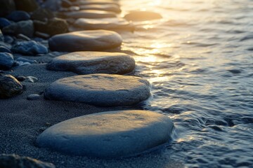 Wall Mural - Smooth stones, shoreline, water, sunset glow.