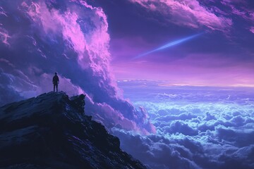 A lone traveler standing on a mountain top, overlooking a vast ocean of clouds under a surreal, dreamlike sky with purple and blue light rays stretching across the horizon 3