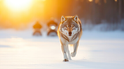 Wall Mural - winter sunset backdrop featuring gray wolf sprinting across snowy landscape, snowmobiles blurred beh