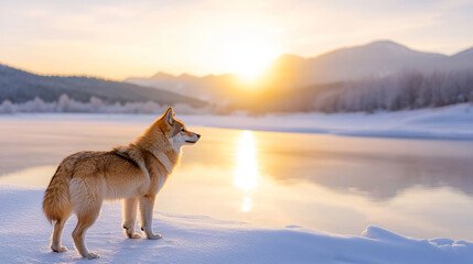 Wall Mural - wolf standing on the snowy shore of a frozen lake, enjoying the warm sunset light reflecting on the 