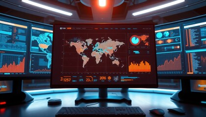 Poster - Global logistic dashboard displays dynamic world map with data points. Interactive tech interface shows real-time analytics, visualizations. Modern graphic design features performance trends,