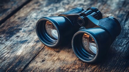 Close-up of black binoculars on a wood table at eye level