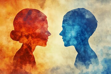 Two colorful profile silhouettes facing each other.