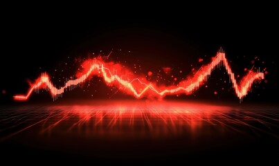 Poster - Red digital wave pattern with glowing effects, abstract representation of sound or data visualization, dynamic lines and particles