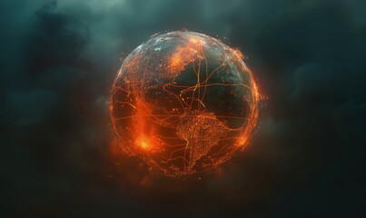 Poster - Glowing Earth with Network Connections, digital representation of planet with illuminated lines, dark stormy background, futuristic concept