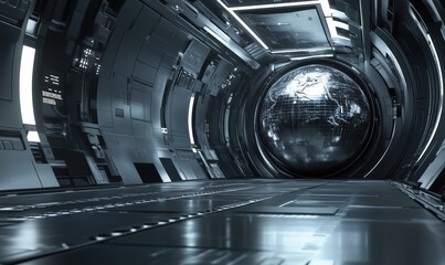 Poster - Futuristic corridor with globe projection, sleek metallic design, illuminated panels, advanced technology, sci-fi atmosphere