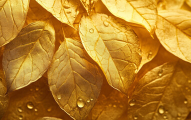 Wall Mural - Background with a beautiful pattern of golden autumn leaves with waterdrops