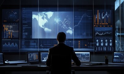Poster - business analytics dashboard with data visualization, man analyzing financial graphs and charts, mod