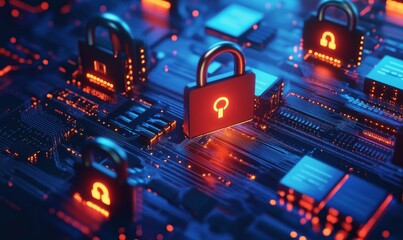Poster - Cybersecurity locks on digital circuit board, glowing elements, technology concept