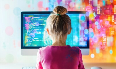 Poster - Child programming at computer, colorful code on screen, vibrant background, technology education, digital learning