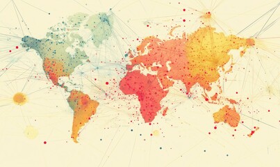 Poster - World map visualization of data connections, colorful dots representing various locations, lines indicating connections, abstract design