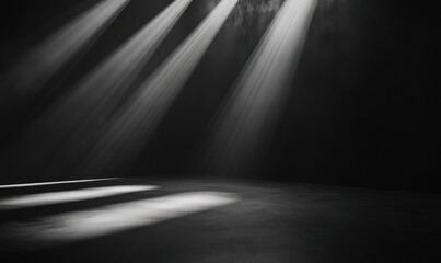 Poster - Dramatic light beams illuminating dark space, creating shadows and depth. Soft textures on floor, minimalistic atmosphere, moody ambiance.