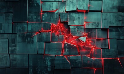 Poster - Cracked wall with glowing red fissures, dark textured surface, abstract design, modern art, dramatic lighting