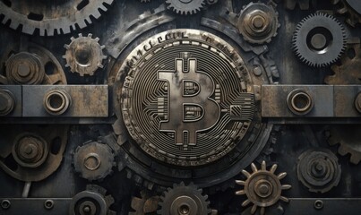 Bitcoin emblem surrounded by gears and machinery, intricate design, metallic textures, industrial theme