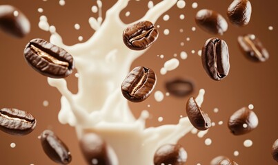 Poster - Coffee beans splashing in milk, dynamic composition, rich textures, warm colors