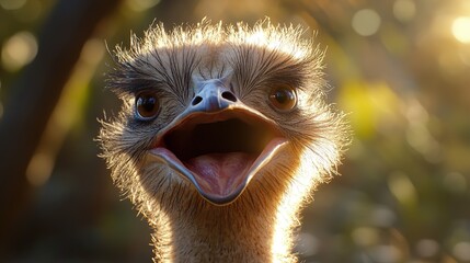 Close-up of an ostrich head with mouth open in sunlight