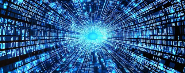 Poster - Futuristic Digital Tunnel with Blue Light and Data Streams Representing Cyber Technology and Virtual Reality in a Modern Environment