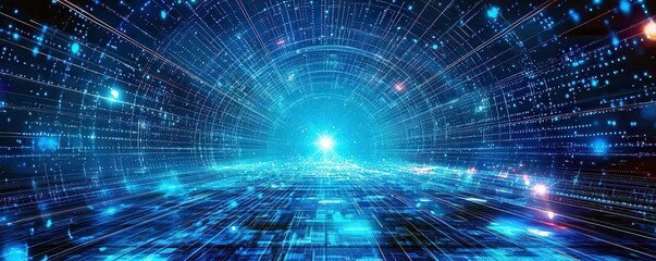 Poster - Futuristic Digital Background with Light Trails and Data Streams Creating a Sense of Speed and Movement in a Virtual Environmental Space