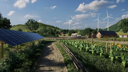 Canvas Print - Rural sustainable farm with solar panels and wind turbines.