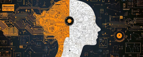 Poster - Thoughtful silhouette of a human head with intricate technological circuit patterns representing artificial intelligence and human understanding, creativity, and innovation