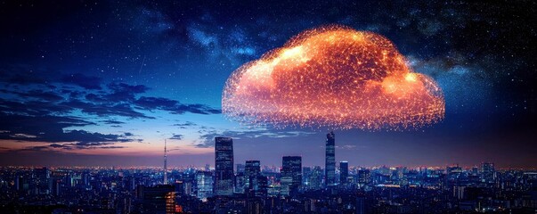 Fototapete - Digital Cloud Transformation Over Urban Cityscape at Night with Vibrant Stars and Glittering Lights in a Futuristic Style