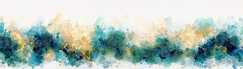 Poster - Abstract watercolor pattern with soft waves and flowing shapes in shades of blue, teal, gold, and cream on white background for design and decor projects