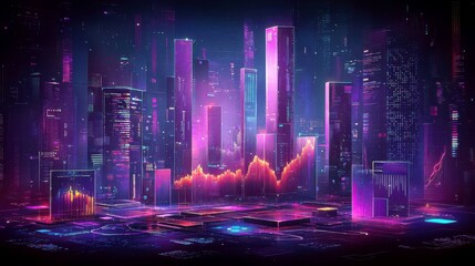 Poster - Futuristic City Skyline with Neon Lights and Data Visualization Graphics Representing Stock Market Trends and Digital Technologies at Night