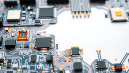 Poster - Close-up view of advanced tech circuit board. Modern electronic components, microchips visible. Complex circuit patterns, connections showcase cutting-edge design. Wireless tech elements, computer