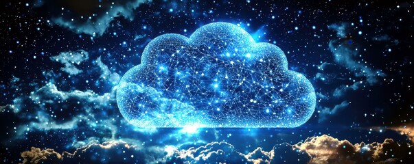 Poster - Abstract representation of a digital cloud in a starry night sky, symbolizing technology, connectivity, and the digital future of data storage and sharing
