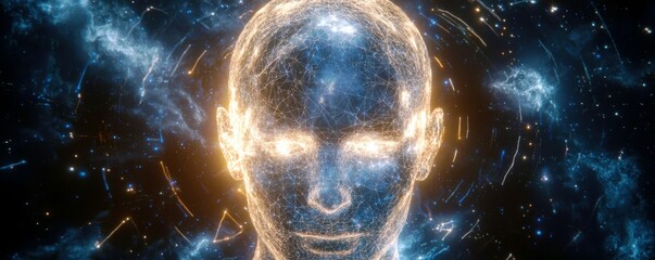 Poster - Human-like figure surrounded by cosmic energy, digital connections, and glowing patterns representing artificial intelligence, technology, and futuristic concepts