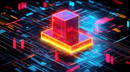 Poster - Futuristic Digital Block Surrounded by Neon Circuitry and Colorful Data Streams in a Cybernetic Environment