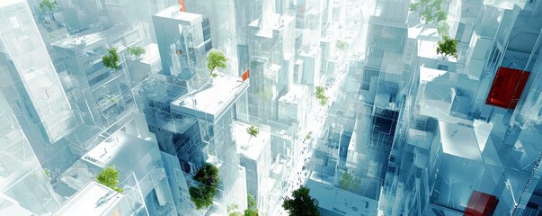 Poster - Futuristic Cityscape with Transparent Buildings and Greenery in Urban Environment, Modern Architecture Concept for Sustainable Living and Design Innovation